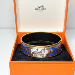 Hermes Emaille Horse Motif Enamel Bangle Gold Blue Multicolor GM GS767